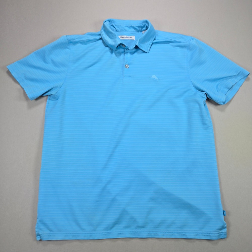 Tommy Bahama Polo Shirt Mens‎ Medium Blue Striped Cotton Blend Short Sleeve M
